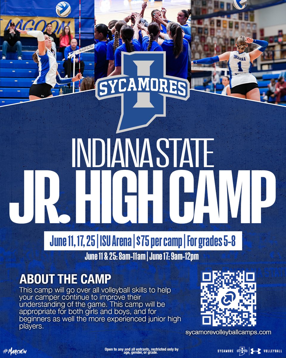 IndStVB's tweet photo. We're inside a week until our first summer camps 🏐

We can't wait to see you at any of our four camps while you get to learn from Sycamore Volleyball!

🔗 https://t.co/hSG3EkCPKw

Open to any &amp; all entrants, restricted only by age, gender, or grade.

#MarchOn | #TreesUpRootsDown https://t.co/2AtppTqH1i