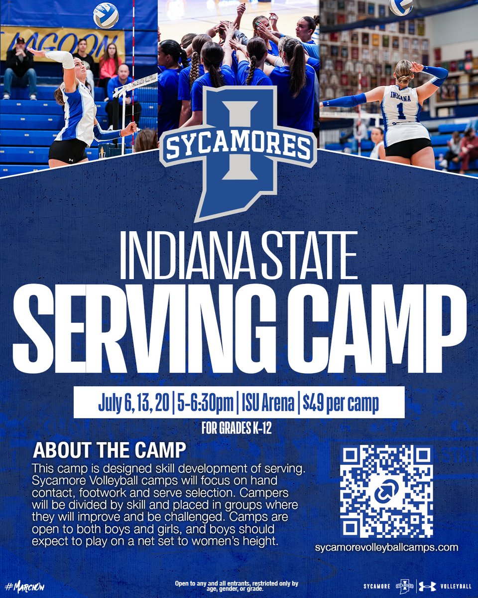 IndStVB's tweet photo. We're inside a week until our first summer camps 🏐

We can't wait to see you at any of our four camps while you get to learn from Sycamore Volleyball!

🔗 https://t.co/hSG3EkCPKw

Open to any &amp; all entrants, restricted only by age, gender, or grade.

#MarchOn | #TreesUpRootsDown https://t.co/2AtppTqH1i