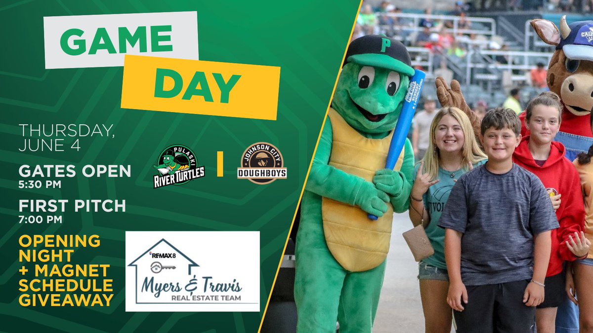 theriverturtles's tweet photo. OPENING NIGHT IS HERE! 🐢

Join us tonight for a Magnet Schedule Giveaway presented by Myers and Travis Real Estate Team!

🏟️ Gates Open: 5:30 PM
⚾️ First Pitch: 7:00 PM
🎟️ Get Tickets Here: https://t.co/1rt9Kue76Y
📍Calfee Park
💻 Learn More Here: https://t.co/oqNfScaGEl https://t.co/7xFoej117Q