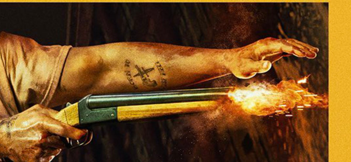 EVostox's tweet photo. @DiscussingFilm Bad ass or not, pretty sure that you  shouldn't put your hand in front of that sawn-off shotgun. Imagine the powder burn injury. https://t.co/nDBbL8WinH