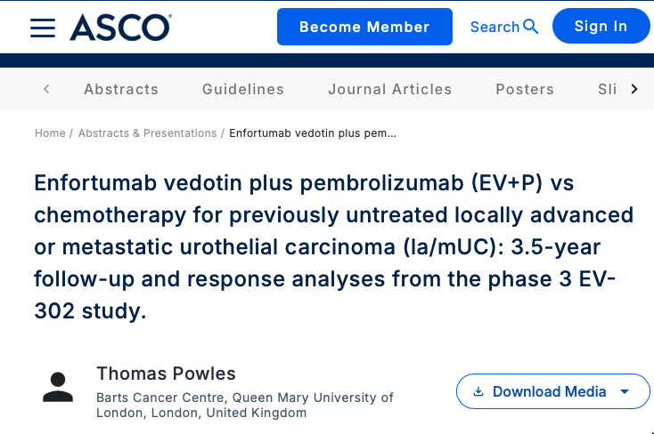 mirrorsmed's tweet photo. Enfortumab vedotin plus pembrolizumab (EV+P) vs chemotherapy for previously untreated locally advanced or metastatic urothelial carcinoma (la/mUC): 3.5-year follow-up and response analyses from the phase 3 EV-302 study

https://t.co/xbv92OSepc

With nearly 43 months of follow-up, enfortumab vedotin + pembrolizumab (EV+P) continues to outperform chemotherapy in previously untreated locally advanced/metastatic urothelial carcinoma.

📊 Efficacy
• Median OS: 33.6 vs 15.9 months
• 42-month OS: 44.0% vs 24.6%
• HR 0.53 (95% CI 0.45–0.63)
• No new safety signals with longer exposure

💡 Depth of response
Among responders, 45.1% achieved CR with EV+P, and ~2/3 of CRs evolved from an initial PR, typically after ~5 additional cycles.
Among CR patients, >80% were alive at 3.5 years, with median OS not reached.
🔄 Post-progression therapy
Platinum-based chemo remained the most common next line after EV+P (30.5%), with modest response rates (~20%).

🔬 Take-home: EV+P delivers durable survival benefit and deepening responses over time, reinforcing its role as standard first-line therapy in la/mUC. #BladderCancer 

@tompowles1
@MichvdHeijden
@MattGalsky
@y_loriot
@IyerGopa
@JCensits
@mar_nataliya
@CVulsteke
@KalaSridh
@shilpaonc
@OncoAlert