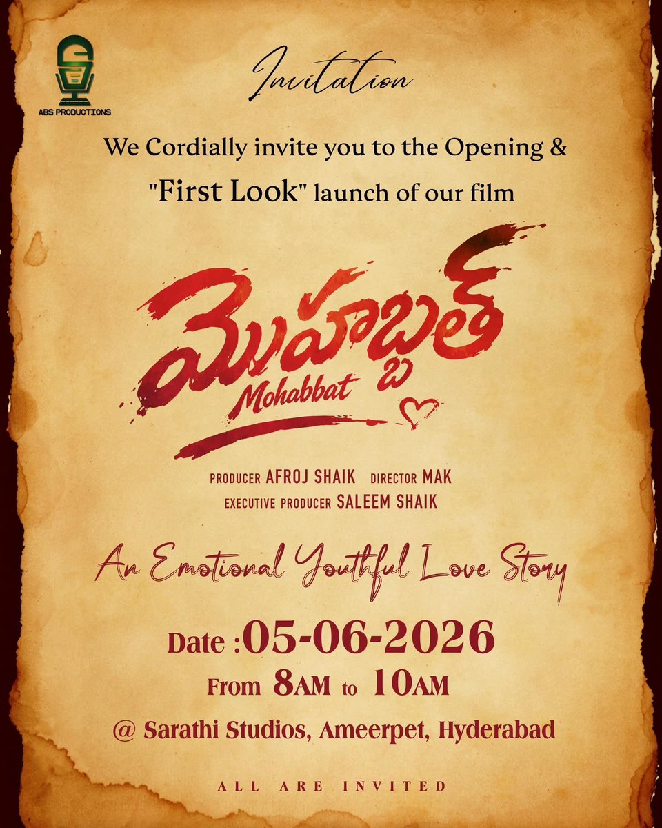 tweetakuluu's tweet photo. One story. Countless emotions. Endless memories.♥️
Join us tomorrow for the #Mohabbat First Look Launch at Sarathi Studios, Ameerpet from 8 AM onwards.
@director_saleem #santoshkalwacherla #shreyasisen #Directormak #Kvr @Dpyskrishna @ABSPRODUCTIONS4 #Mohabbat #FirstLookLaunch https://t.co/4sp1LA7Fl9