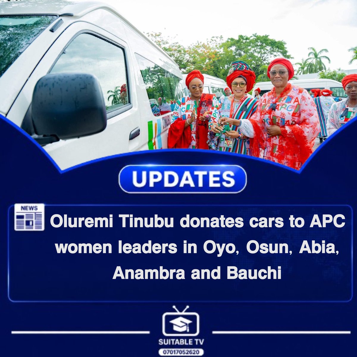 SuitableTV's tweet photo. 🚨 BREAKING: First Lady Oluremi Tinubu has donated cars to APC women leaders in five opposition-controlled states — Abia, Anambra, Bauchi, Osun and Oyo. The vehicles will be handed over before the end of the week and will belong personally to the beneficiaries.

#BreakingNews #OluremiTinubu #APC #NigeriaPolitics