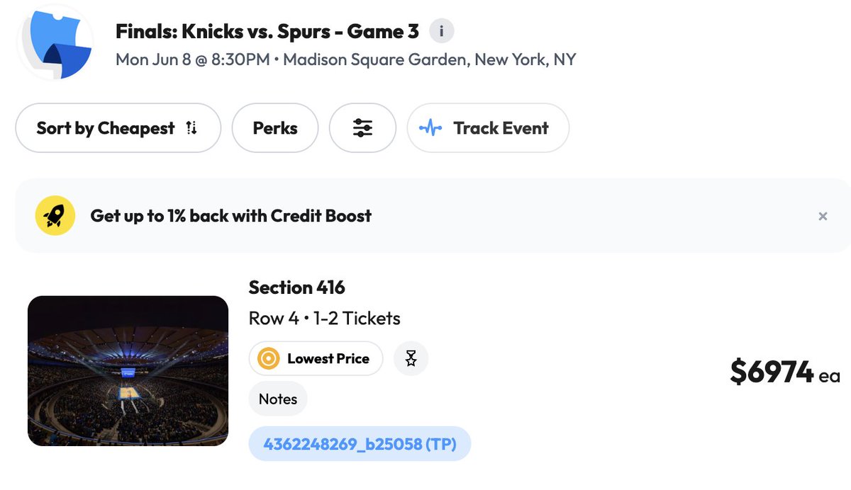 Kyle_Zorn's tweet photo. For Knicks fans looking to travel to Game 2...

Round-trip flight (Fri-Sun): $699
Hotel (Fri-Sun): $370
Ticket to Game 2: $785 (cheapest on @TickPick)

Total: $1,854

(That is $5.1K less than the cost to attend Game 3) https://t.co/a3Wio43Aez
