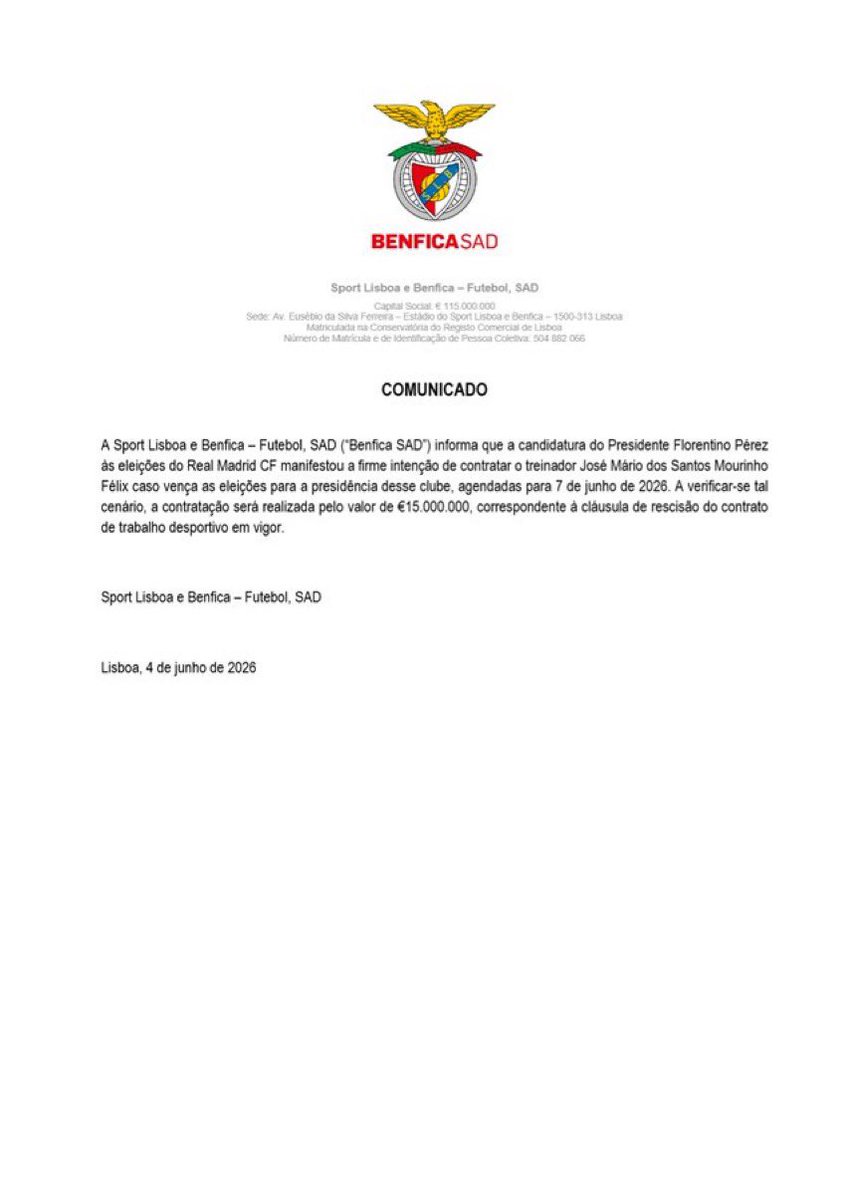 theMadridZone's tweet photo. 🚨💣 BREAKING: Benfica announce that Real Madrid have informed them they will PAY Jose Mourinho’s €15M release clause. ✍️ https://t.co/ki9USc7SMK