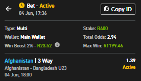 AlsonManyama's tweet photo. Alson Manyama  @Easybet_SA🎉 Slip

Booking Code: 03-977947
Odds: 2.93
Promo Code: ALSON50

Recreate our bet slip (3+ selections) and place a minimum stake of R5 to qualify for a potential reward this Saturday.

👉 See bio for full details
⚠️ 18+ only. T&amp;Cs apply
#ad https://t.co/BEblLu6kcA