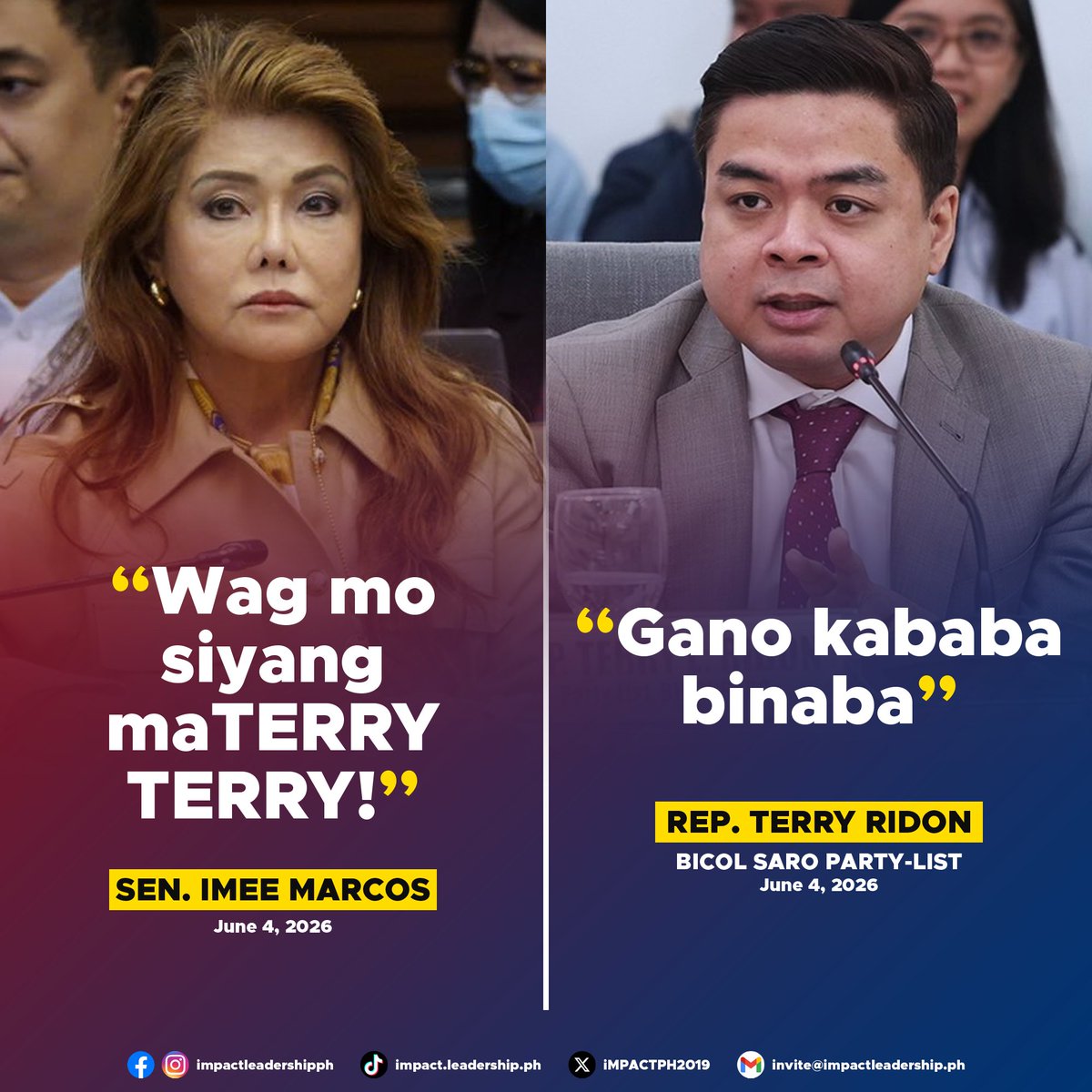 iMPACTPH2019's tweet photo. RIDON FIRES BACK AT IMEE: 'GANO KABABA BINABA'

Bicol Saro Rep. Terry Ridon traded barbs with Sen. Imee Marcos after she shared on social media allegations raised during the "Blue Ribbon Committee hearing" conducted by Sen. Alan Cayetano's bloc.

https://t.co/bXpGLXGha2 https://t.co/O8NMRI4lGr