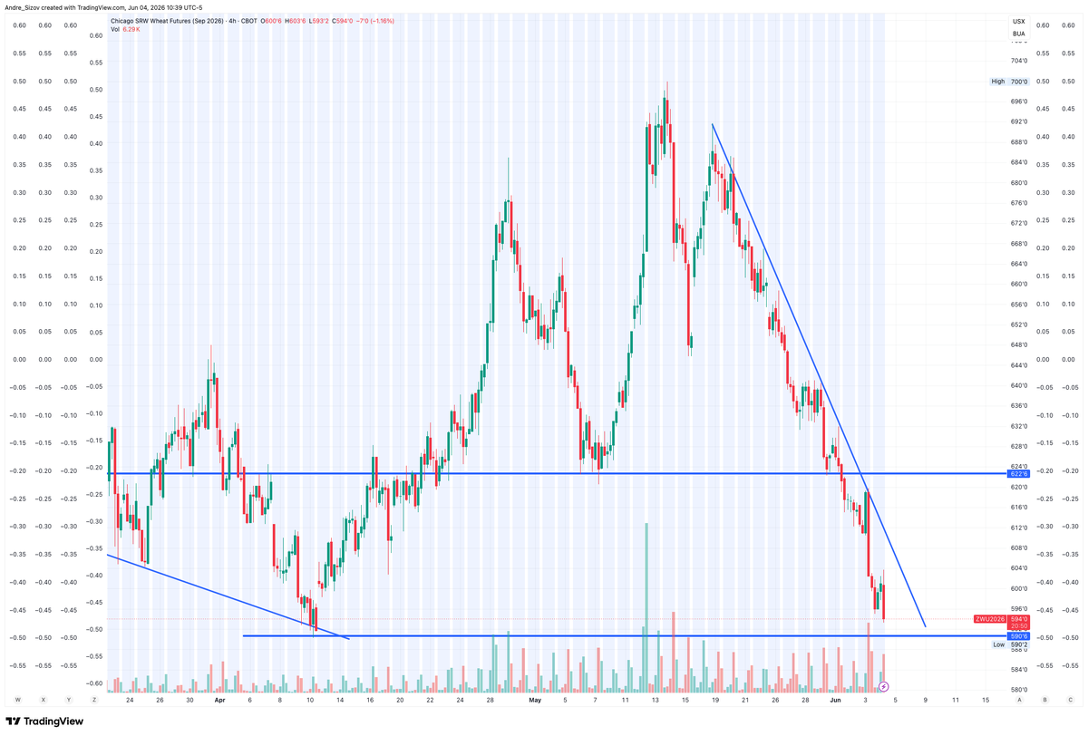 sizov_andre's tweet photo. Stairs up. Elevator down. But this one has no brakes.

Sep CBOT #wheat is approaching its April low.

Shortly after the China commitments story, we flipped bearish - but we did not expect the sell-off to be this brutal. Nearly 15% down in two weeks.

The next question: when does this become a buying opportunity?

Our view:
https://t.co/aUa0DsUj8d

#oatt #agwx #sizovreport