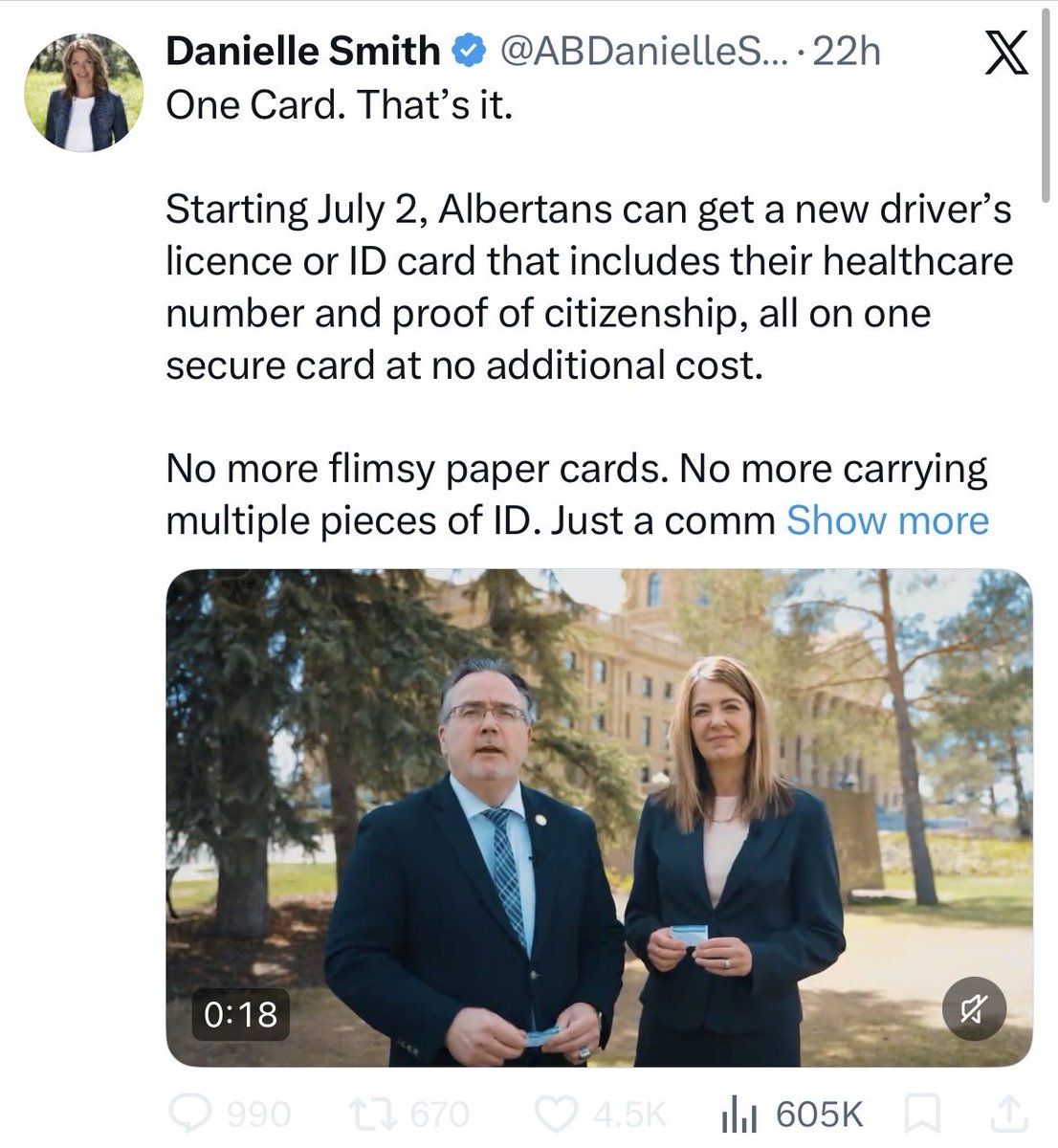 JasonOnTheDrums's tweet photo. #ableg #cndpoli #canpoli 

Let’s be clear:

1. PROVINCES issue ID cards
2. COUNTRIES issue ID cards that encodes citizenship

Alberta’s new “one” card encodes citizenship

This is a pretend national ID card.

Danielle Smith is a pretend Canadian and a closet separatist.

Period. https://t.co/3opgwsxvYL