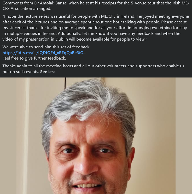 IrishMECFSAssoc's tweet photo. Thanks very much again to Dr Bansal for his tour of Ireland.

The feedback we have seen has been collated here 
https://t.co/53svHWOs35
Feel free to give further feedback.

#MEcfs #PwME https://t.co/mdmtwgnURq
