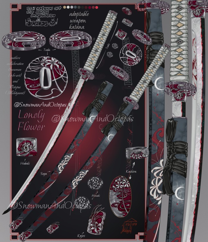 Snowctopus's tweet photo. "Even a field of flowers can't console the longing for the one who bloomed differently."
Higanbana vibes  
Lonely Flower katana adoptable item design
Sold ♥️

#weapondesign #katana #art #かたな #刀 https://t.co/cHqnuUj74w