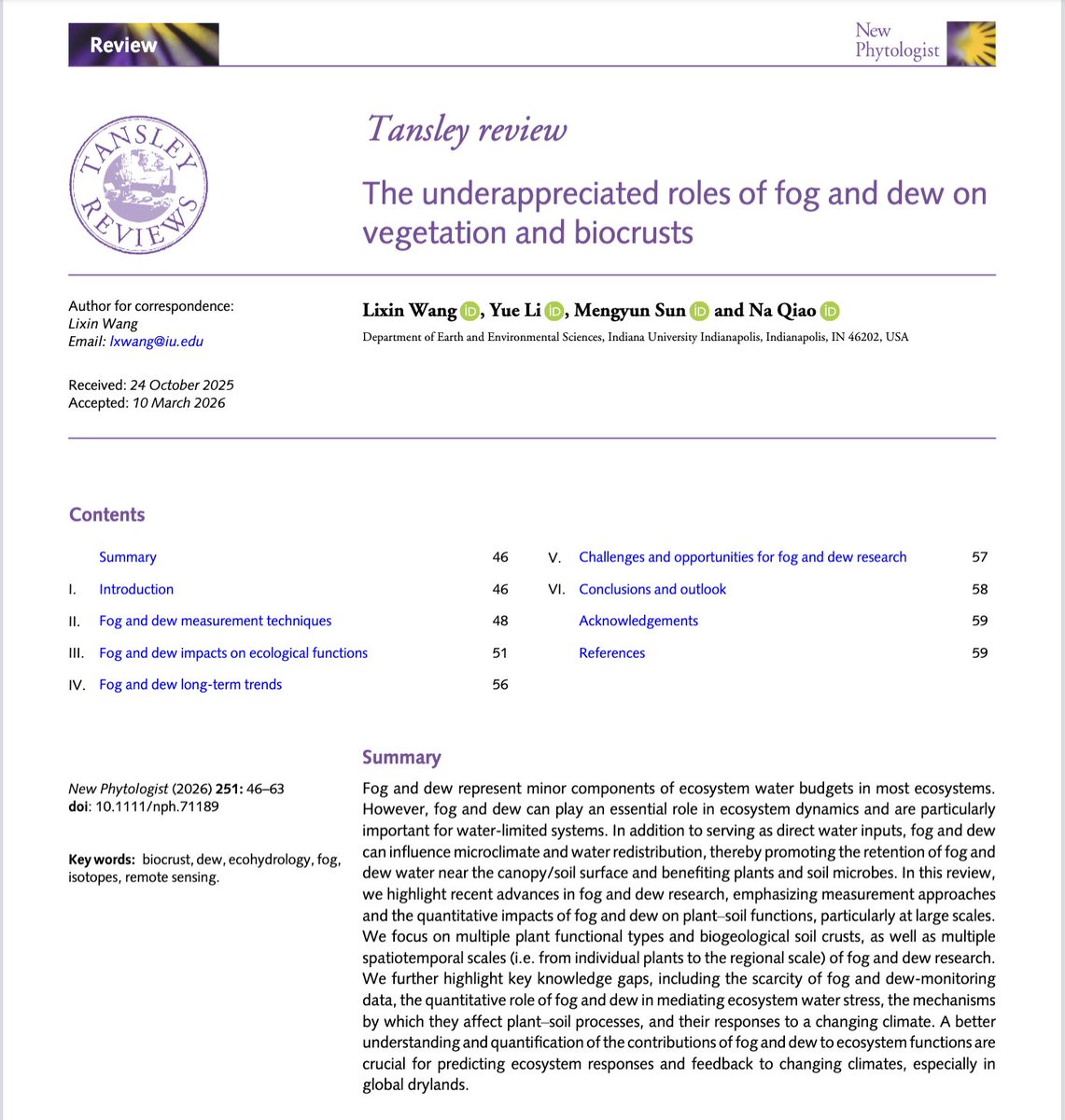 ecohydro_wang's tweet photo. Excited to share our New Phytologist Tansley Review published in an issue today. It's open access.  In this, we synthesize the effects of fog and dew on ecosystem functions, primarily in vascular plants and biocrusts.
@YueLi1614297469 @NaQiao2 @Mengyun_Sun
https://t.co/a8LLXCP24s https://t.co/NWQ9VoHjdS
