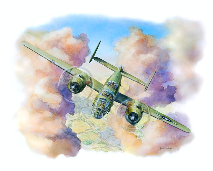ChaneyByron's tweet photo. Art of the Day! "B25 Mitchell splitting the clouds". Buy at: https://t.co/BLcSxxWJxO https://t.co/HFZHcOeFQy