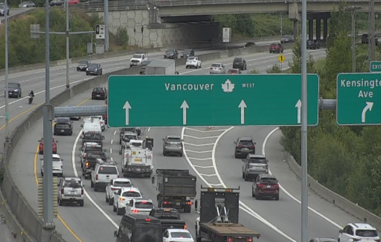 DriveBC's tweet photo. ⚠️#BCHwy1 westbound vehicle stall west of Kensington blocking the left lane. Expect delays. #Burnaby https://t.co/ca7wCedrif