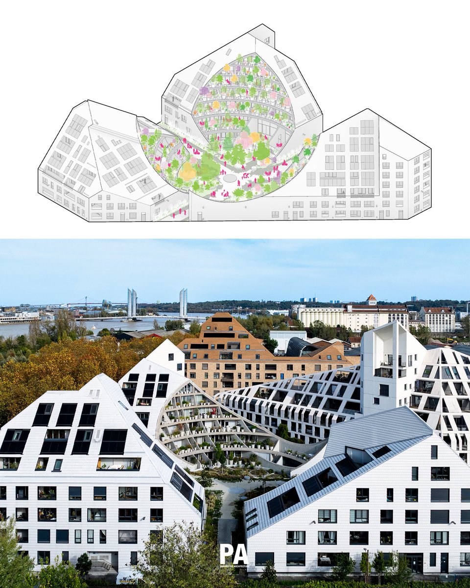 parametricarch's tweet photo. Designed by @MVRDV, La Vallée Verte has been completed in Bordeaux as part of the innovative Bastide Niel masterplan. Behind its clean, light-colored exterior lies a circular courtyard transformed into a lush urban oasis, where terraces, balconies, shrubs, and trees create a secluded landscape at the heart of the project.