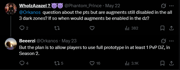 Unknown1Z1's tweet photo. After reviewing the PTS patch notes I did not see anything about prototype gear or augments being enabled in the dark zone. Will prototype be enabled for PvP for this season? If so which PvP areas will it be enabled? @Orkanos https://t.co/al4G3oIFQw