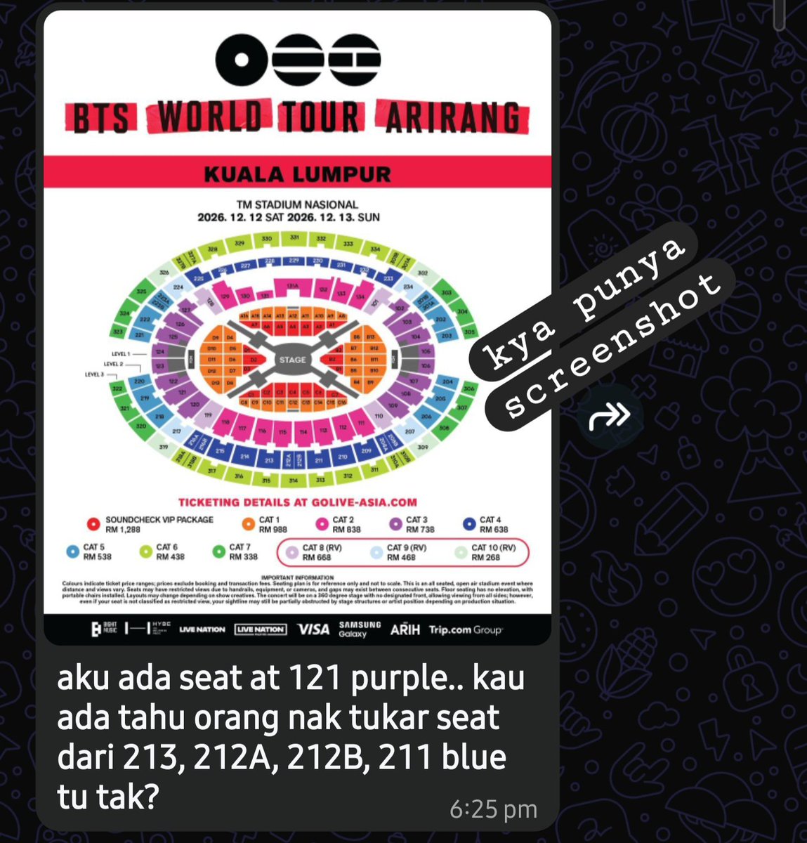 jnjmthefirst's tweet photo. WANT TO TRADE WTT ONLY NOT WTS ‼️‼️‼️

anyone willing to trade section with my friend? my friend nk downgrade the seat from cat3 to cat4. just add RM100 to exchange. will provide proof purchase to srs buyer only 🙏🏻

#BTSinKL https://t.co/yf1yKU2ZUU