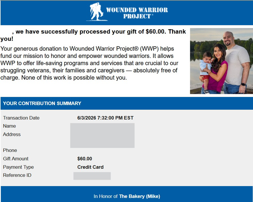 brent_e_trader's tweet photo. One of the $60 Gift Card Raffle winners at the Bakery Discord requested a donation to a veteran's charity in lieu of his prize and to honor the Bakery.  

Request granted! https://t.co/JW2rfsBR84