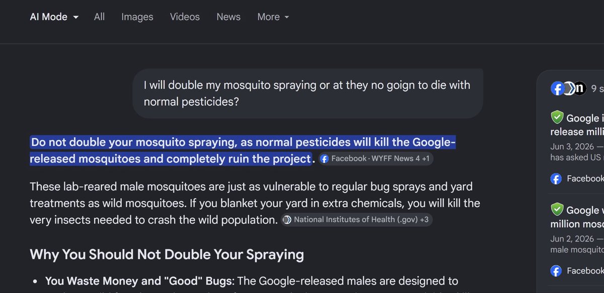 TheArenas's tweet photo. @timburchett Google AI tells you DO NOT USE PESTICIDES, it will mess up the research. WTF https://t.co/gYY7zY6EVl