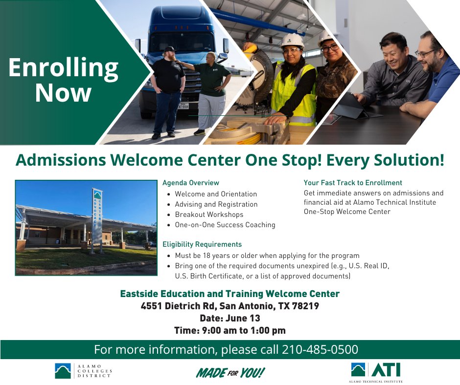 AlamoWorkforce's tweet photo. Ready to start your future? Join us at the Admissions Welcome Center and get everything you need to enroll  in one place!
Don't wait— join us on June 13! 
#AlamoTechnicalInstitute #EnrollToday #CareerTraining #SanAntonio #EducationMatters #FutureStartsHere #WorkforceDevelopment https://t.co/6G6B8QRCfC