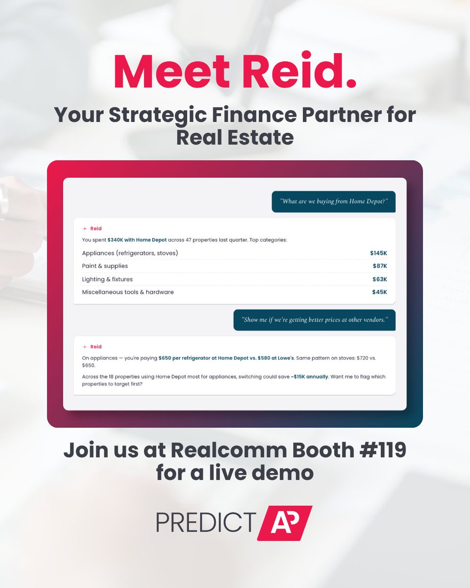 PredictAp's tweet photo. It's your last chance to meet Reid at Realcomm!

Today at 10:00AM PT, the PredictAP Booth (#119) is hosting another live demo of your next strategic finance partner. 

Built on the invoice image and accounting data, get insight your GL data doesn’t reveal. Coming to PredictAP. https://t.co/SlfoSsUtdi