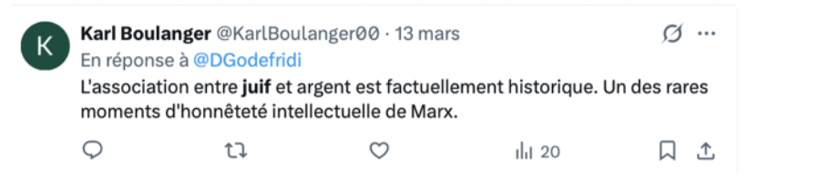 JCoupable's tweet photo. Bienvenue en Belgique.
Les Juifs et l’argent, une vieille rengaine qui a fait les beaux jours des antisémites de tout poil, de tous temps.  Nous vous présentons, Karl Boulanger présent sur la liste PS belge : 👇
https://t.co/hG1CHHuxQc
Certainement un pote à toi @CaronAymericoff https://t.co/zFB2TXp3WZ
