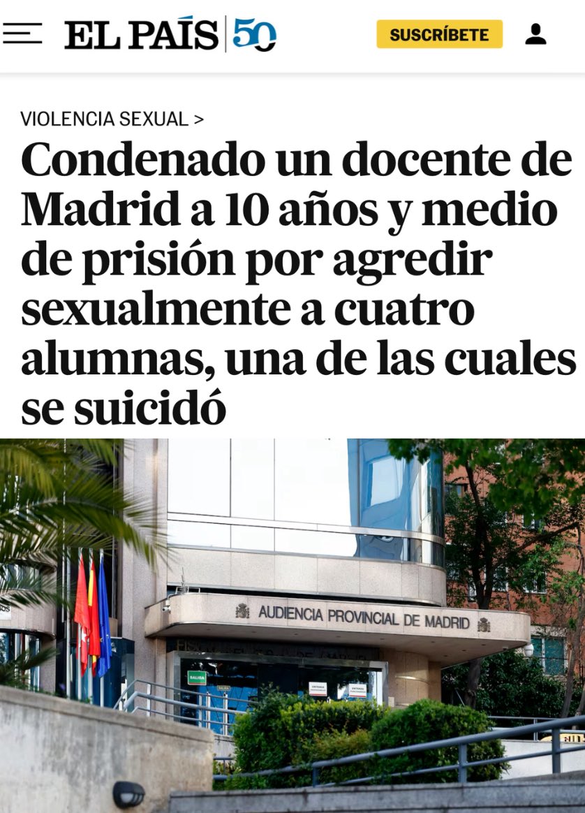 MaryJoLo70's tweet photo. 🚨CONDENADO UN DOCENTE DE MADRID A 10 AÑOS Y MEDIO DE PRISIÓN POR AGREDIR SEXUALMENTE A CUATRO ALUMNAS, UNA DE LAS CUALES SE SUICIDÓ 🚨
“El episodio más grave tuvo lugar a solas en un aula, y fue el momento en el que el profesor violó a su alumna. Estos hechos marcaron a la niña de forma irreversible, hasta tal punto que llegó a cambiar su nombre porque el suyo le recordaba al momento de los hechos, tuvo que recibir tratamiento psiquiátrico y acabó quitándose la vida. “Cambió de nombre y de centro educativo, fue hospitalizada hasta ocho veces en unidades de psiquiatría en el año posterior y manifestó ideas suicidas. Acabó con su vida a principios de agosto de 2025. Los informes periciales de las psicólogas que la trataron y de los psiquiatras forenses vinculan directamente su deterioro psicológico grave con los abusos sufridos”, reza la resolución.”
“Una de sus amigas testificó que la chica era “dulce, maravillosa, responsable con sus estudios, y que se llevaba bien con el resto de compañeros”. “Era más inocente que los demás.”
👉 https://t.co/Na1fKz7rTL