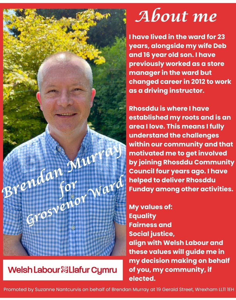 WRX_Labour's tweet photo. Here's a bit more about our candidate for the Grosvenor Ward. Brendan Murray is a local man who lives in the Ward with his family #vote #council #election https://t.co/WcJCMTWHkc