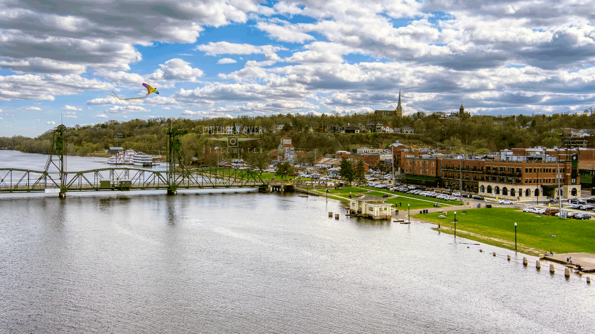 postillwater's tweet photo. #tbt #tbthursday from April 2021 air to air view of a Kite flying above St Croix river downtown @iLoveStillwater @exploreminn @DiscStillwater #dronephotography https://t.co/6syFmK87FK