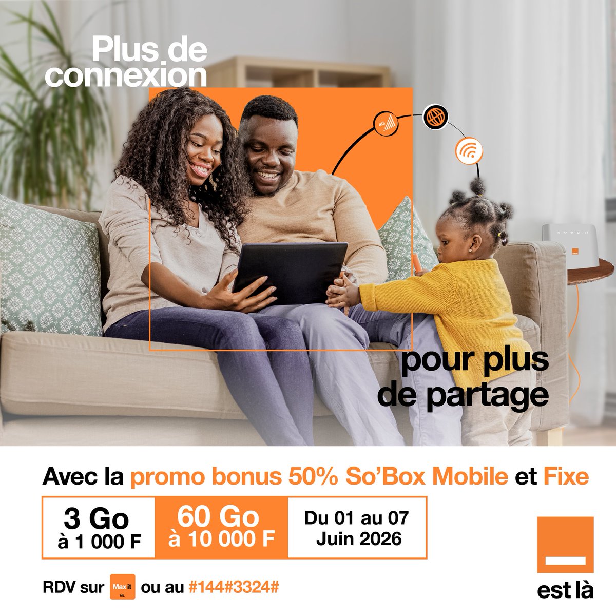 Orange_Mali's tweet photo. Restez connectés sans compromis avec la promo So’Box Mobile et Fixe !
Rendez-vous vite sur Max it https://t.co/Z2m55VtlWs pour en profiter.
#Promo #SoBox #Maxit #OrangeMali #OrangeEstLa https://t.co/cN2dykA8f4