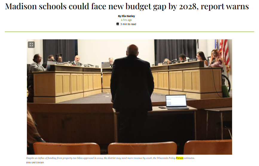 WisPolicyForum's tweet photo. "The Madison school district is poised to enter a period of financial stability after years of budget strain, thanks to two 2024 referendums approved by voters...

"But sustaining that stability means higher taxes for property owners." 

Via @CapTimes @ellamhanley https://t.co/PD4MqT0QWB