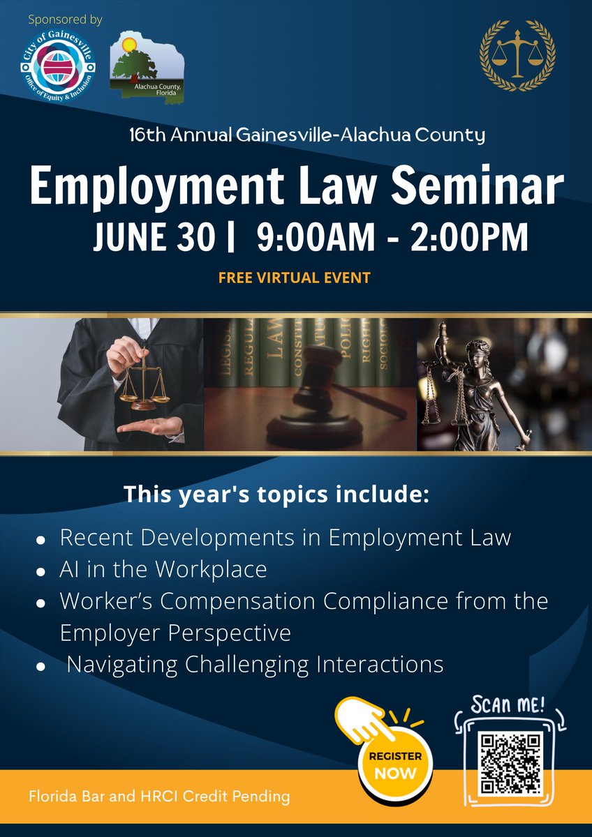 GainesvilleEO's tweet photo. Stay ahead of the curve in employment law! ⚖️

Join us for our upcoming virtual seminar covering: ✅ Recent Legal Developments ✅ AI in the Workplace ✅ Workers' Comp Compliance ✅ Managing Challenging Interactions https://t.co/AmYgrTKOoz