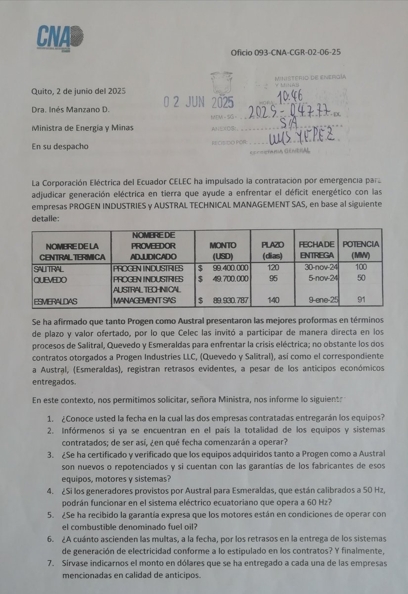 CNACEcuador's tweet photo. Exministra Manzano no contestó la comunicación enviada por la CNA el 2 de junio/2025 en relación a los contratos con Progen y Austral. Hoy se entiende su silencio cómplice. La denuncia expuesta por la CNA, en el 2024,  exige sanción a *todos* los implicados en este atraco al país https://t.co/Y7oRSEAuoI