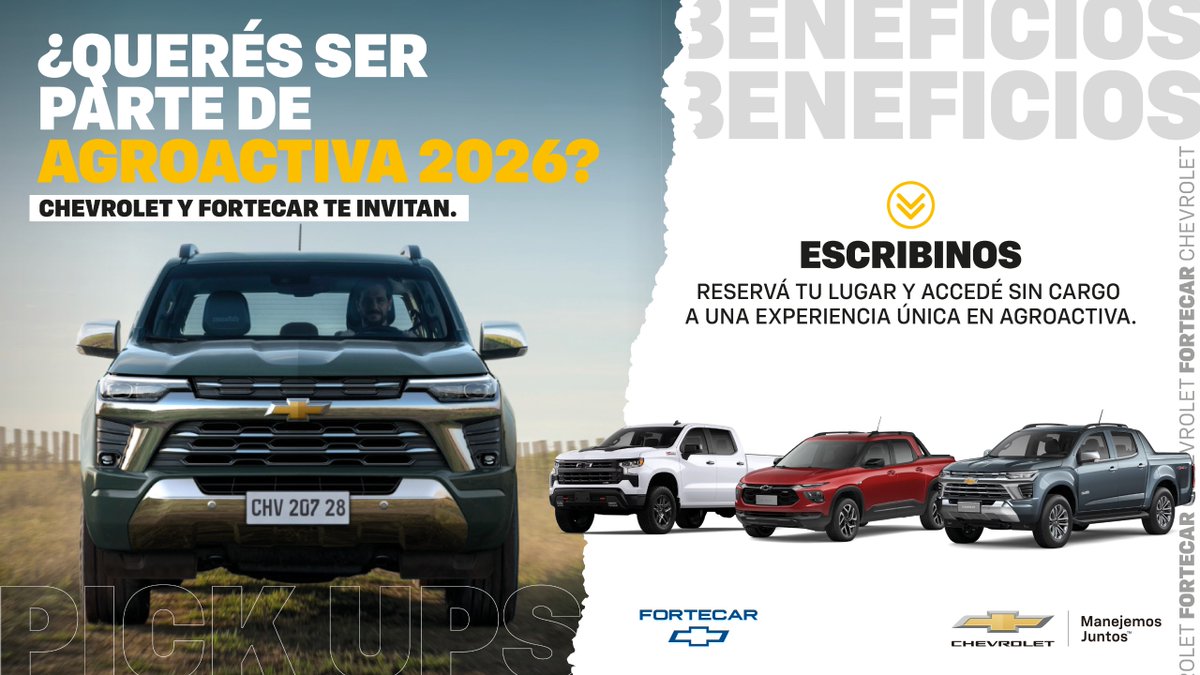 Fortecar_OK's tweet photo. Tenemos algo para contarte. 👀
Pero sólo se lo decimos a los que pasen por el stand de Chevrolet en Agroactiva. 🌾
Vení, conocé todos los modelos Chevrolet y llevate una sorpresa.

#Agroactiva #Chevrolet #Fortecar https://t.co/rUjJUswdhX