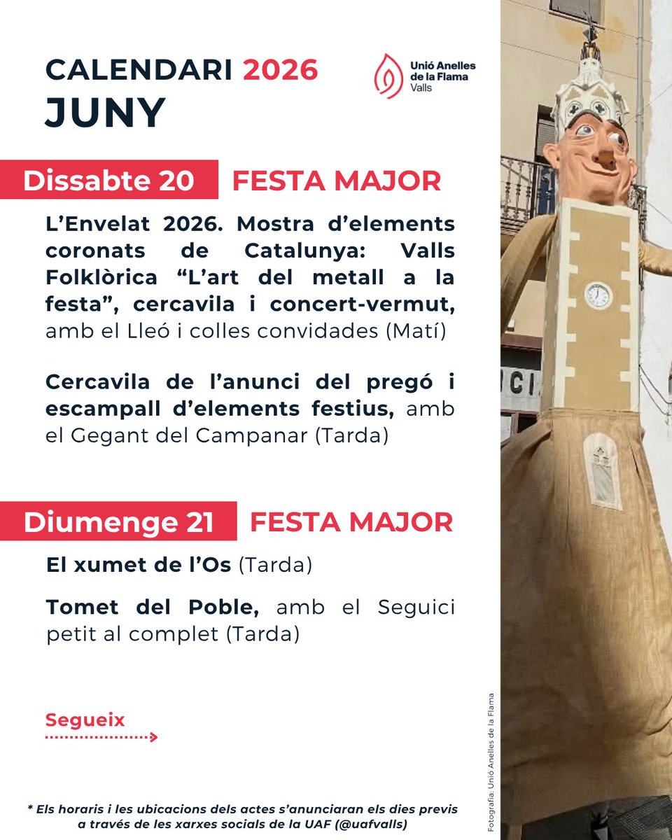 UAFValls's tweet photo. Calendari 📆 | Ja podeu consultar els actes i sortides en els quals participarà la UAF aquest mes de juny! https://t.co/OZ2HtCoVyH