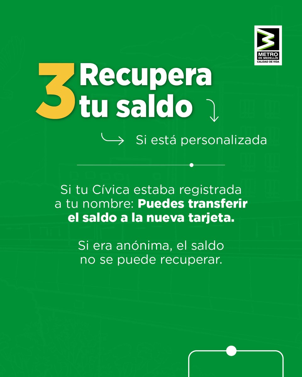 metrodemedellin's tweet photo. ¿Qué hacer si pierdes tu Cívica?

Perder tu Cívica no es el fin del mundo… pero sí hay que actuar rápido. 👀
Desliza y descubre qué hacer paso a paso si te pasa en el Metro de Medellín. 💚

#Cívica
#CulturaMetro  💚 https://t.co/x8GAullSTs