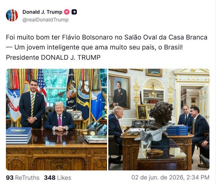 DrFredericoMG's tweet photo. Trump deixando claro qual é o melhor caminho para o Brasil: sem tarifas, com prosperidade, em harmonia com as grandes democracias mundiais, enfrentando e vencendo o crime organizado. Um futuro promissor está chegando, com @FlavioBolsonaro! https://t.co/qQUFWje8LY