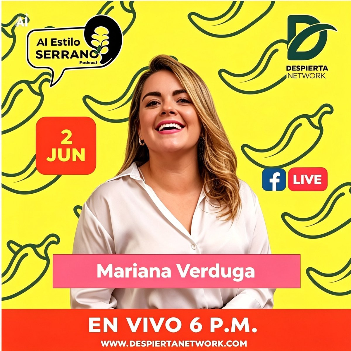 LaloSerranoZ's tweet photo. Hoy martes 2 de junio, a las 6:00pm, en el episodio 16 de la 3ra Temporada, los esperamos para platicar #AlEstiloSerrano, con @Mariana_Verduga , una pieza de ajedrez en el tablero de la política!!

#Podcast
#FacebookLive
@DespiertaNet https://t.co/L8RPQ78Lms