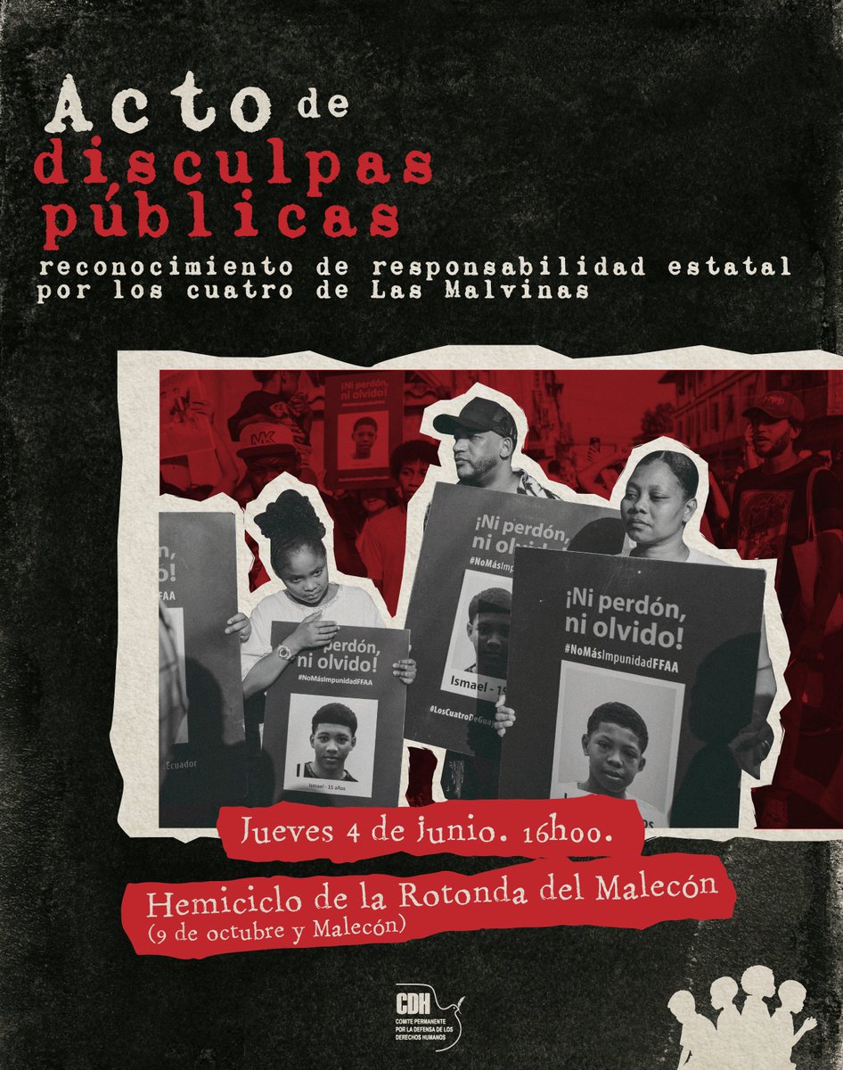 CDHGYE's tweet photo. 📢 Este 4 de junio acompañemos el acto oficial de reconocimiento de responsabilidad y disculpas públicas por la desaparición forzada de los Cuatro Niños de Las Malvinas, en cumplimiento de la sentencia de la Corte Constitucional. 👉 https://t.co/h8A4xsT7g2
#LosCuatrodeGuayaquil https://t.co/We9RfX6JzU