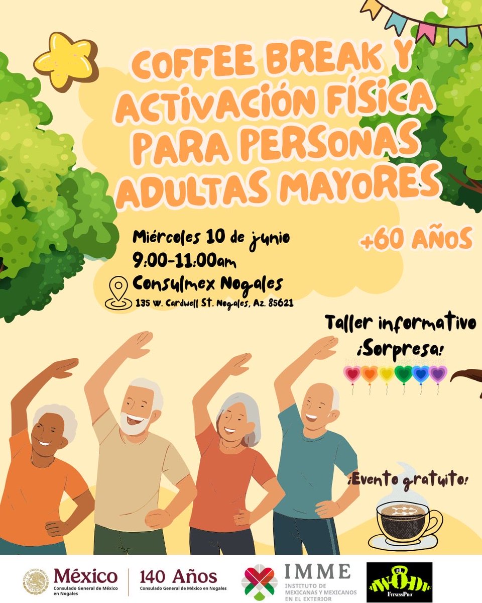 ConsulMexNog's tweet photo. ☕👵👴 ¿Tienes 60 años o más? Te invitamos a nuestro Coffee Break y Activación Física para Personas Adultas Mayores, un espacio para convivir, activarte y disfrutar de una mañana especial.

📅 Miércoles 10 de junio
⏰ 9:00 a.m. - 11:00 a.m.
📍 Tu Consulado

¡Evento gratuito!✨ https://t.co/jRoCbT6Sfw