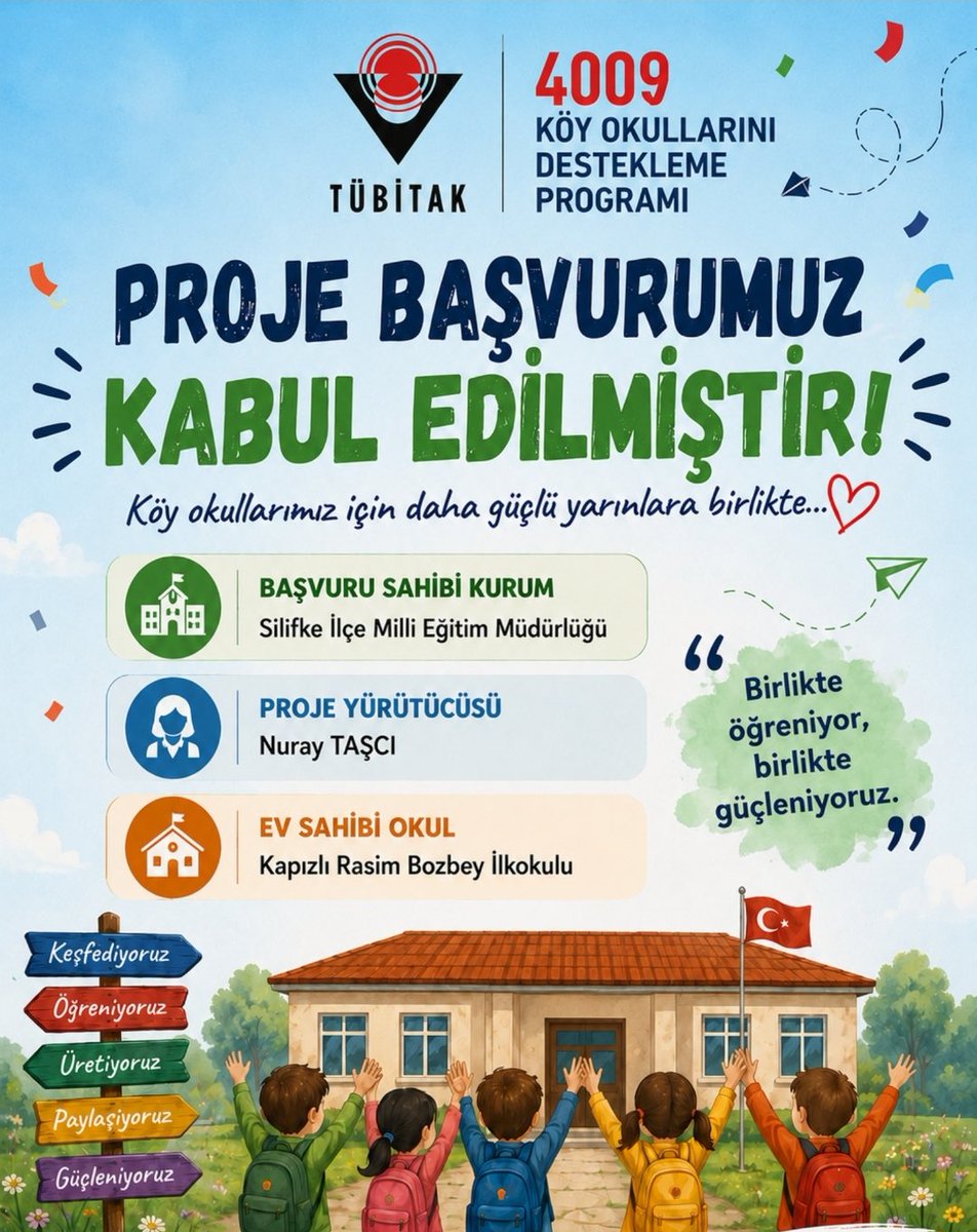 SilifkeArGe's tweet photo. 🏆 TÜBİTAK'tan İlçe Millî Eğitim Müdürlüğümüze Bir Başarı Daha!
📢 İlçe Milli Eğitim Müdürlüğümüzün TÜBİTAK başarısına bir yenisi daha eklendi.

İlçe Millî Eğitim Müdürlüğümüz adına hazırlanan ve başvurusu yapılan proje, TÜBİTAK 4009 Köy Okullarına Yönelik Destek Programı kapsamında desteklenmeye hak kazanmıştır.

📌 TÜBİTAK tarafından  Kapızlı Rasim Bozbey İlkokulu projemizin hayata geçirileceği uygulama okulu olarak belirlenmiştir.

Projemizin ilçemize, okulumuza ve öğrencilerimize hayırlı olmasını diliyor; emeği geçenlere teşekkür ediyoruz.

✨ Geleceğe umut, eğitime bilim ve değer katmaya devam ediyoruz.

@MersinMEM
@MersinMEMArGe
@Muhammed0744 
@kltiinerolu