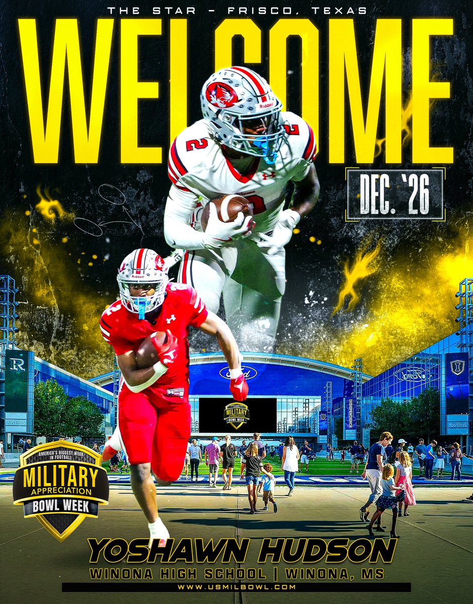 USArmyBowl's tweet photo. Yoshawn Hudson (@yoshawn_hudson), the class of 2027 athlete from Winona High School (Winona, MS), Welcome to The Military Appreciation Bowl! The event will be held this December at The Ford Center, home of the Dallas Cowboys! https://t.co/o5wtuCvYNj