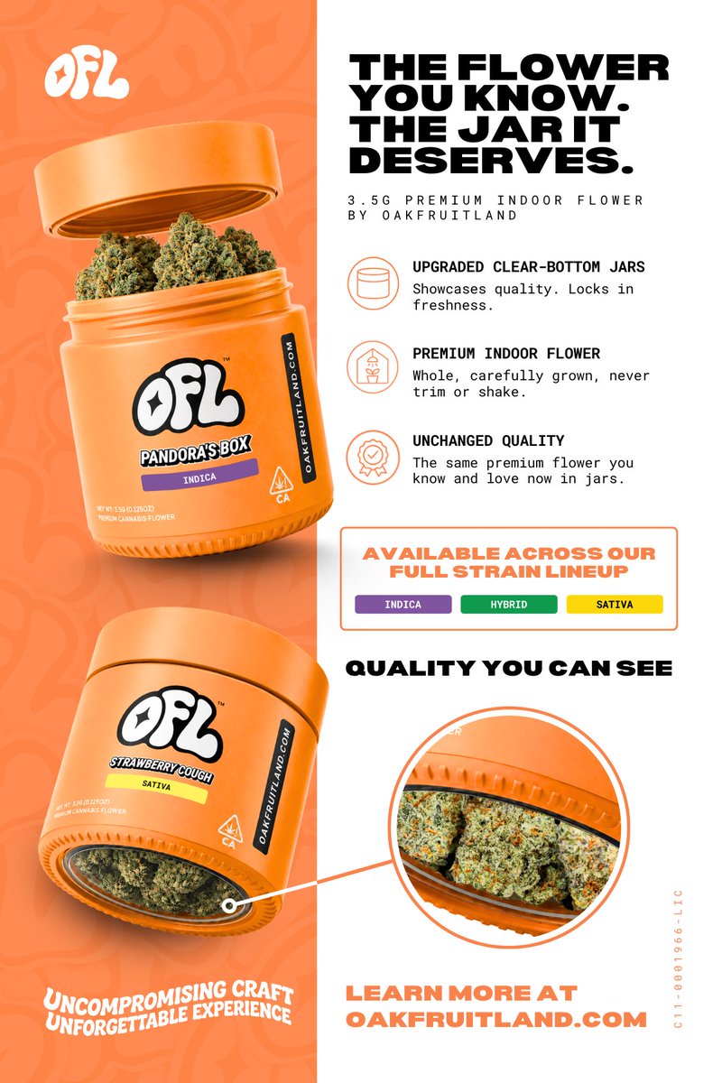 Capitolaclub's tweet photo. The flower you know, now in the jar it deserves. 🟧

OFL 3.5G Premium Indoor Flower is now available in upgraded clear-bottom jars. Built to showcase quality, lock in freshness, and keep the same premium flower you know and love.

Available across our full strain lineup:
💜 Indica
💚 Hybrid
💛 Sativa

📍 Capitola Cannabis Club
1850 41st Ave, Capitola, CA 95010
🕙 10 AM – 8:30 PM
🌐 https://t.co/IQDkXHaPa3

Nothing for sale, 21+ only.

#CapitolaCannabisClub #Oakfruitland #OFL #PremiumIndoorFlower #CannabisCommunity #CapitolaCA #SantaCruzCounty #CaliforniaCannabis #IndoorFlower #CannabisLifestyle