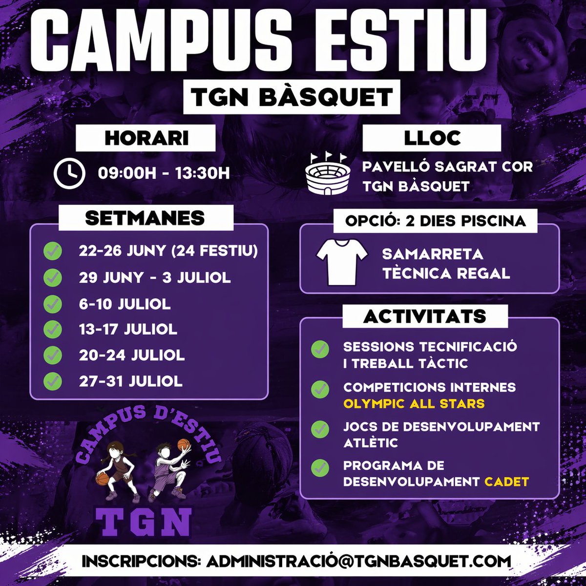TGNBasquet's tweet photo. 💜☀️Inscripcions obertes pel Campus d'Estiu @TGNBasquet que arrenca del 22 al 26 de juny i durant tot el mes de Juliol!

📒 Insripcions obertes a administracio@tgnbasquet.com 

🏀💪Competicions internes, programes de desenvolupament cadet i jocs de desenvolupament atlètic. https://t.co/zwXWzpayNL