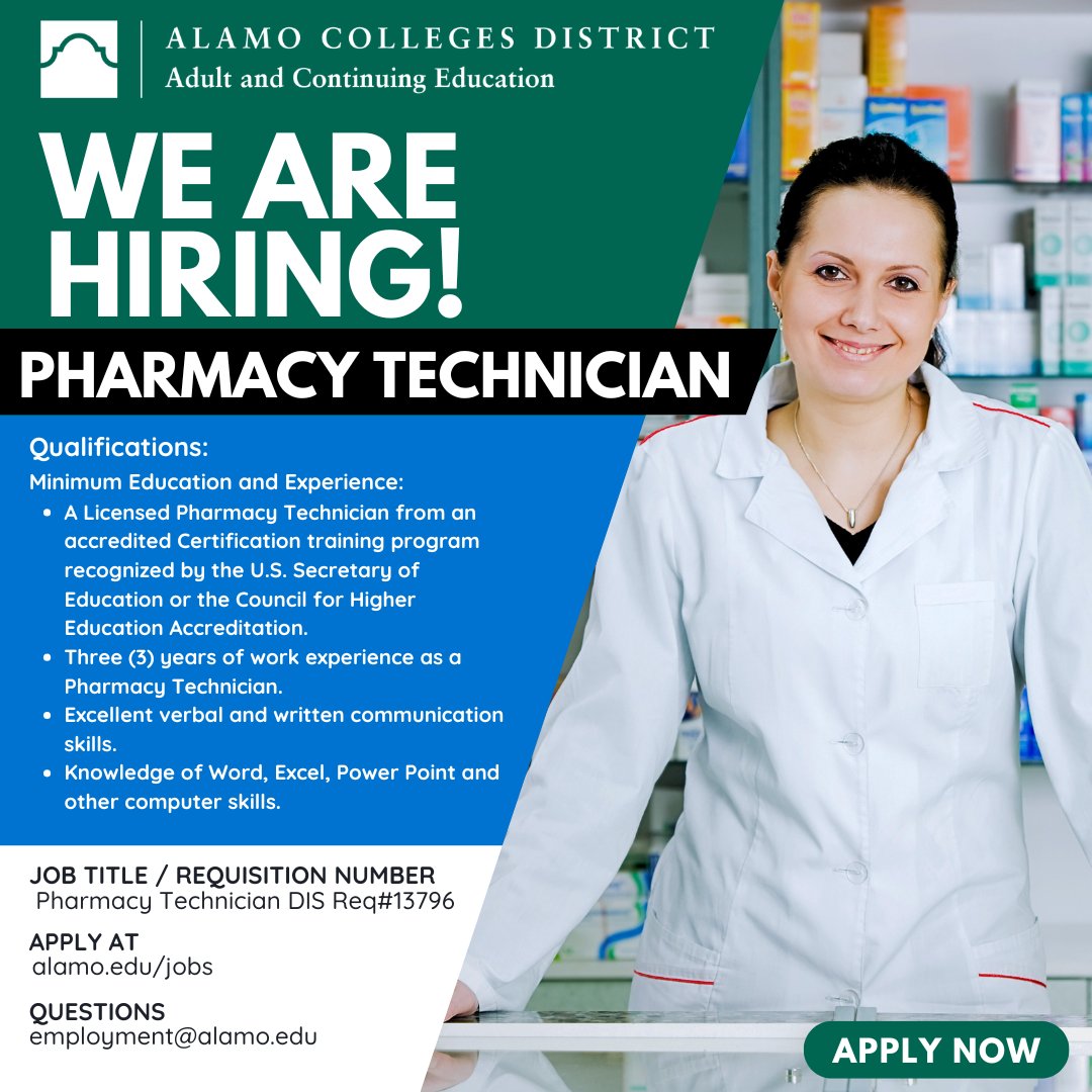 AlamoWorkforce's tweet photo. 🚨 We’re Hiring: CE Healthcare &amp; Pharmacy Technician Instructor! 🚨
👉 Ready to make an impact? Apply today: https://t.co/04sYYsnG8x
#HealthcareJobs #PharmacyTechnician #SanAntonioJobs #HigherEdJobs #AlamoColleges #NowHiring #PartTimeJobs https://t.co/JGvZW0Nobu