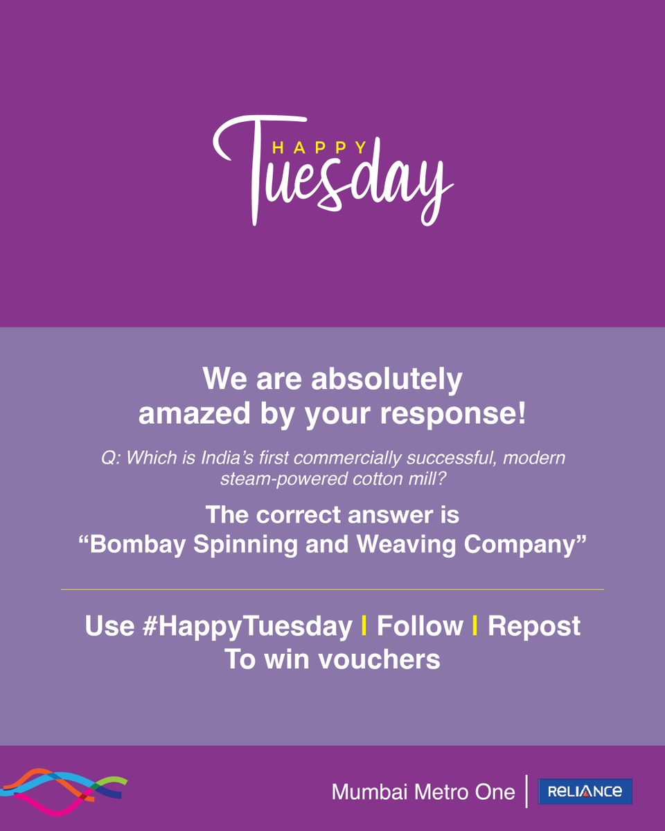 MumbaiMetro01's tweet photo. A huge thank you to all for participating. 

Prizes will be awarded to 50 winners, first 25 correct entries and additional 25 winners by draw.

Mention #HappyTuesday with your answer, follow us and repost to participate and win every Tuesday.

#Contestalert #winprizes #HappyTuesday #congratulations #mumbaimetro