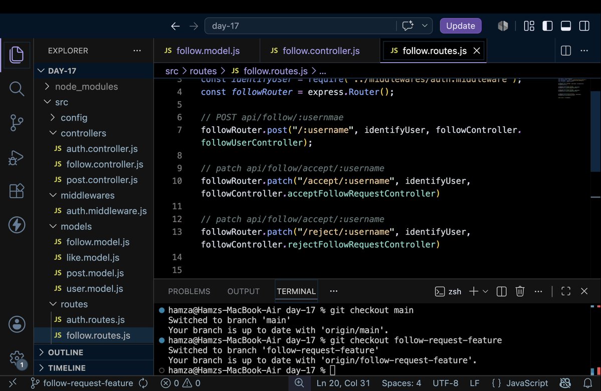 devHamza03's tweet photo. Day 10 of Backend Development 🚀

Yesterday I built Follow/Unfollow. Today I spent 4 hours implementing a Follow Request system.

Flow:
Request → Pending → Accept/Reject → Accepted/Rejected

Also learned state management, API design, MongoDB indexing, and handling edge cases. https://t.co/mI9M0vyIWv