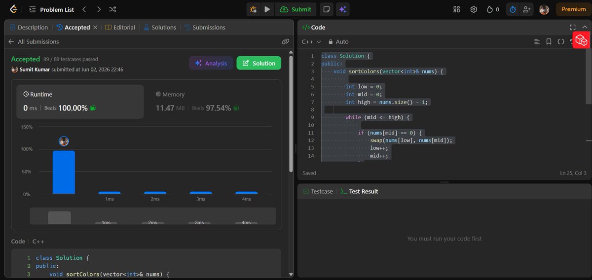 AIDev_Sumit's tweet photo. Day 2/45 of the #SDESheetChallenge 🚀

✅ Kadane's Algorithm
✅ Sort 0s, 1s &amp; 2s 
✅ Stock Buy and Sell

Arrays completed.

@striver_79 @takeUforward_

#DSA #LeetCode #Cpp https://t.co/Ap1bQbZROM