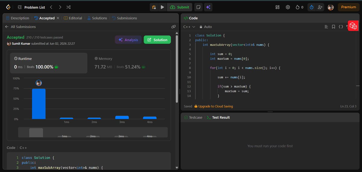 AIDev_Sumit's tweet photo. Day 2/45 of the #SDESheetChallenge 🚀

✅ Kadane's Algorithm
✅ Sort 0s, 1s &amp; 2s 
✅ Stock Buy and Sell

Arrays completed.

@striver_79 @takeUforward_

#DSA #LeetCode #Cpp https://t.co/Ap1bQbZROM