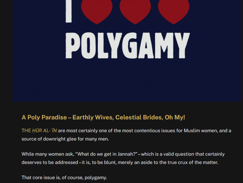 GabrielSaidR's tweet photo. Zainab bint Younus (defending polygamy) connects concerns w/men & houris in paradise w/ polygamy on earth. The author argues (among other things) that 1. women should be happy knowing their husband is happy & 2. anti-polygamy attitudes come from modernity's privileging the nuclear family.
